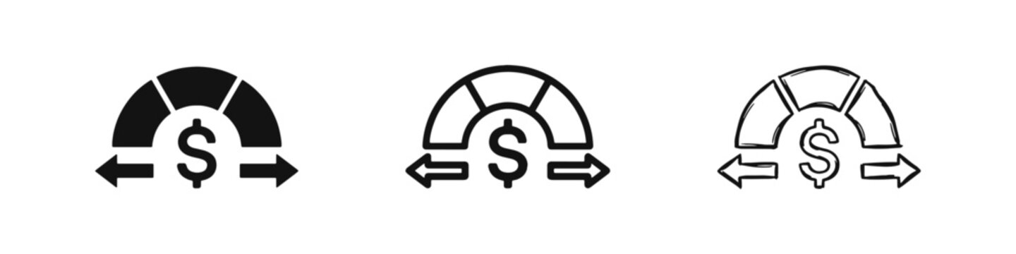 Financial Gauge with Dollar Sign and Arrows Representing Budget Range and Money Flow