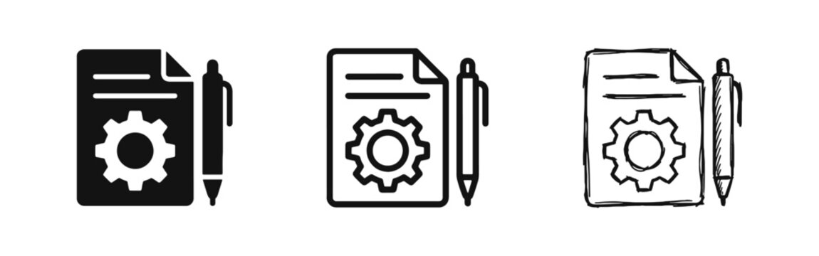 Document with Gear and Pen Icons for Technical Configuration and Contract Settings