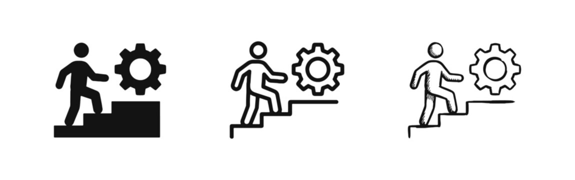 Person Climbing Stairs Towards a Gear Icon Representing Career Growth and Skill Building
