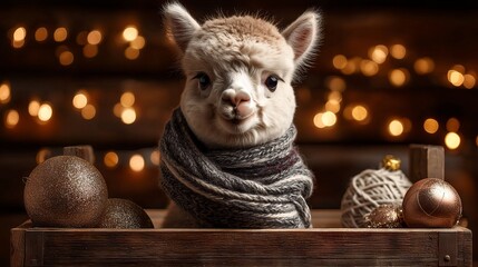 Obraz premium Adorable Alpaca Wearing Scarf Sitting in Decorated Wooden Basket