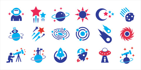 astronomy icon set bundle. science, telescope, galaxy, space, cosmos, astronaut and more. simple flat colored vector © Nila