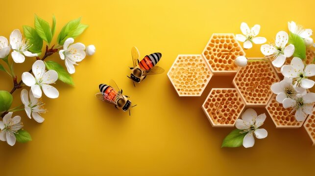 Honeycomb with bees on yellow background, nature and agriculture concept, pollination and organic production.