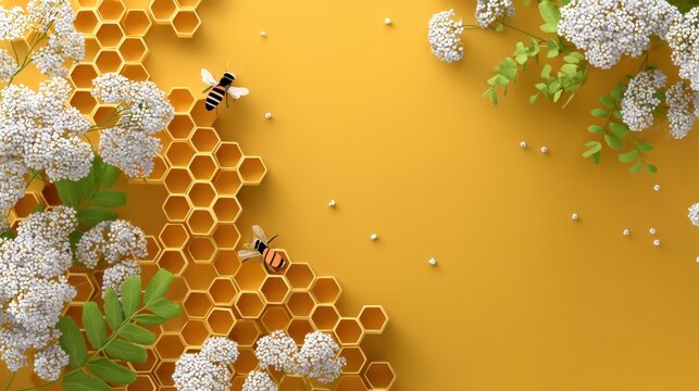 Honeycomb with bees on yellow background, nature and agriculture concept, pollination and organic production.