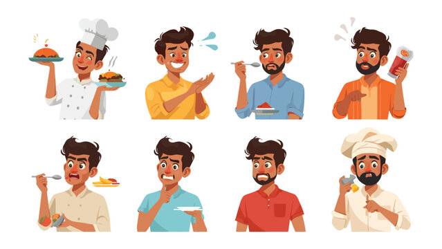 Culinary Expressions: A collage showcasing diverse emotions, with people experiencing the joy and disappointment of food. 