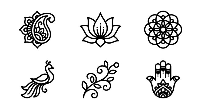 Indian Paisley Lotus Peacock Hamsa Hand Icons, Ethnic Decorative Ornate Vector Elements