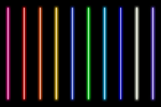 Vibrant neon LED tube lines in rainbow colors on black background, Vertical neon LED tube lines for futuristic gaming background.eps