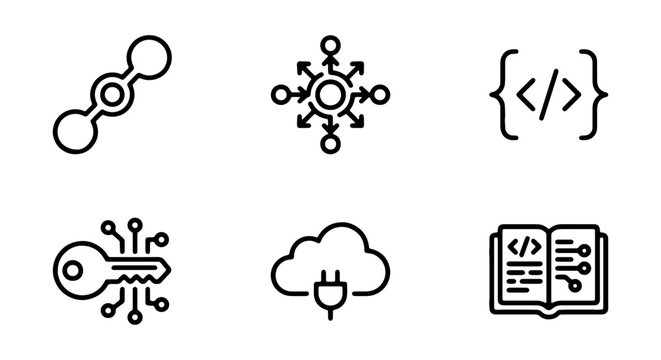 Coding, web development, and cloud computing icons, set of 6