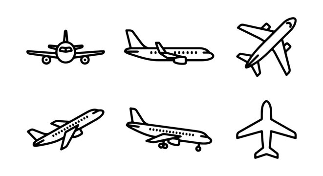 Airplane icons, aircraft symbols, flight illustrations, travel graphics