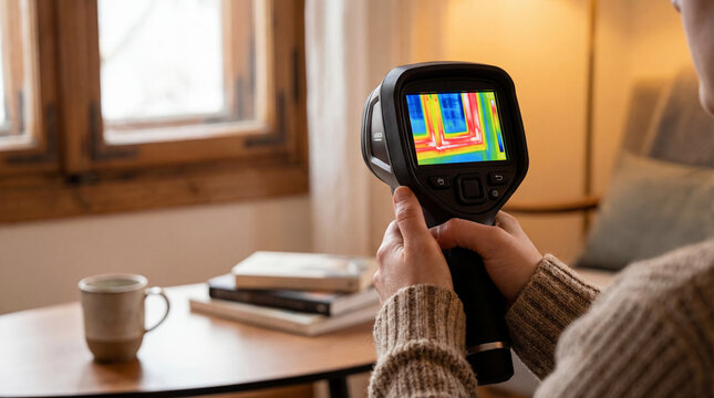 person using thermal camera to inspect window heat loss indoors showing home energy audit insulation assessment efficiency improvement retrofit decision making residential retrofit planning