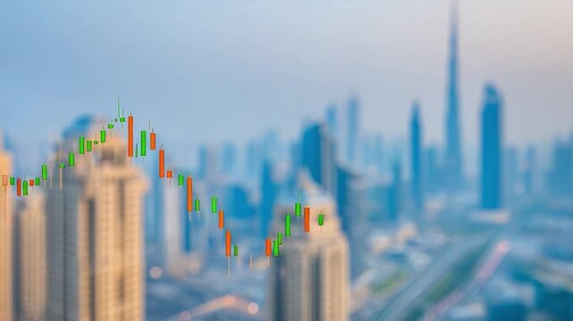 Financial District Skyline with Stock Chart: A blurred cityscape of modern skyscrapers is overlaid with a real-time stock market candlestick chart.