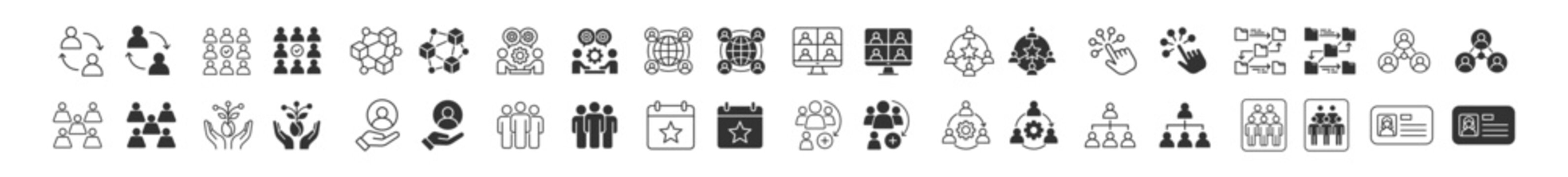 Minimalist outline vector icon set representing people, teamwork, and business communication concepts. Collection includes user profiles, group and team structures, network connections, workflow, coll