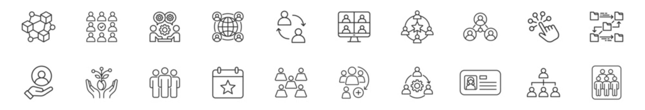 Minimalist outline vector icon set representing network, teamwork, and collaboration concepts. Collection includes user profiles, group connections, organizational diagrams, communication flow, workfl