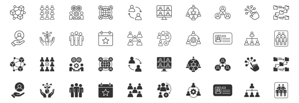 Minimalist outline vector icon set representing teamwork, people, and business collaboration concepts. Collection includes group communication, meetings, partnerships, organizational structure, planni