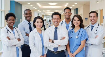 Fototapeta premium Diverse medical team of smiling doctors and nurses, professional healthcare staff in hospital corridor, multiethnic group of medical practitioners isolated on White Background