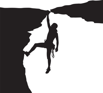 Person rock climbing on a cliff side with rope isolated on transparent background, Vector