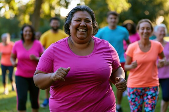 Plus - size fitness instructor leading diverse group aerobics class in sunny park