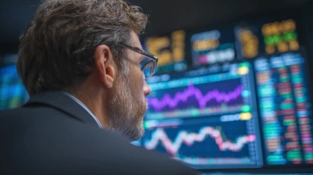 Stock Market Analyst in Action: An astute analyst immersed in the financial world, focused on analyzing charts and data, highlighting the intensity of investment and the complexities of trading.