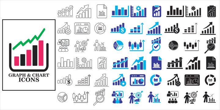 graph and chart icon set bundle. bussines, chart, graph, data, diagram, analysis, report, statistics and more. simple flat complete vector