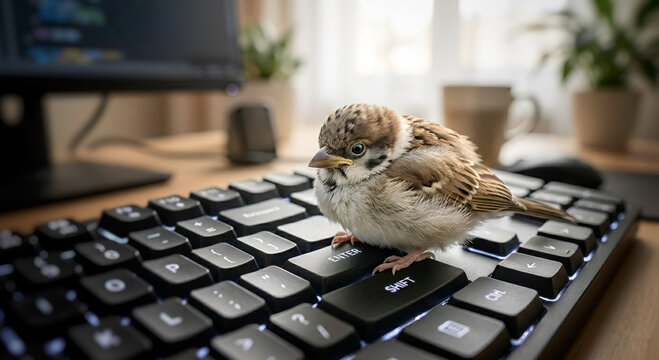 キーボードの上に座る可愛いスズメのヒナ、デスクワークの癒し/
Cute sparrow fledgling sitting on a computer keyboard, healing at desk work