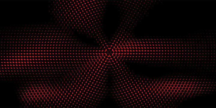 Red halftone wave gradient texture. Retro dotted wallpaper. Comic pop art style checkered frame texture. Wave pattern on black background for banner, flyer, poster, presentation. Print