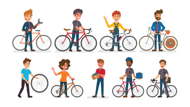 Bicycle Enthusiasts and Repairers: A vibrant collection of individuals interacting with bicycles, encompassing both bicycle mechanics and cyclists in various poses. 