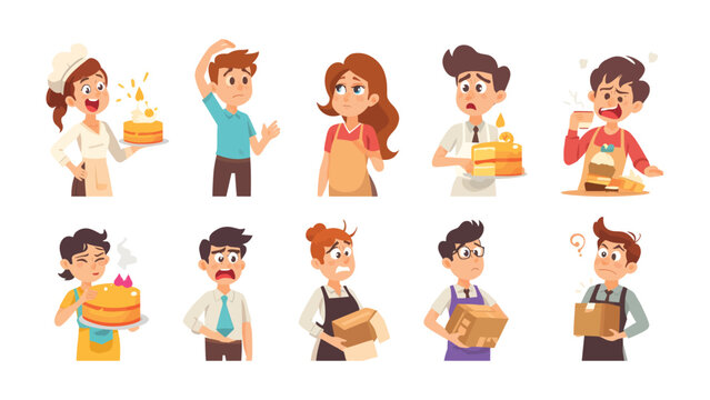 Bakery Baking Mishaps: A collection of comical scenarios showcasing various individuals involved in the baking process, each experiencing their unique series of setbacks, frustrations.