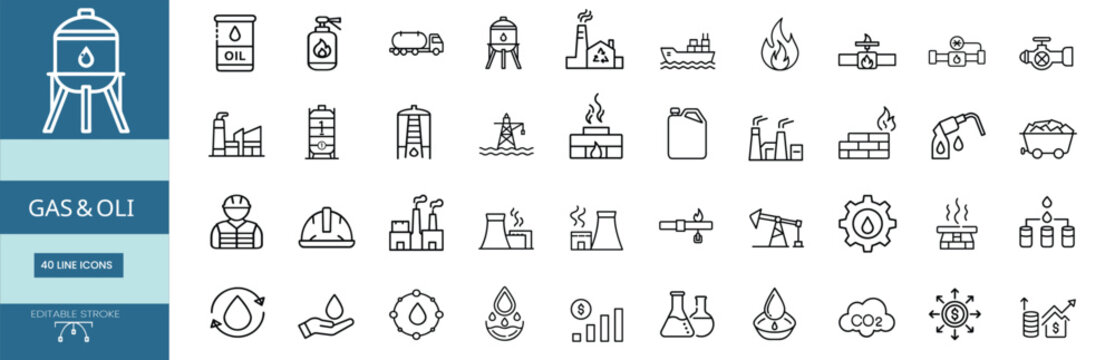 Gas and oil industry web line icons set oil barrel tank gas station pump offshore drilling rig petroleum factory refinery industrial pipeline valve & more vector illustration with editable stroke