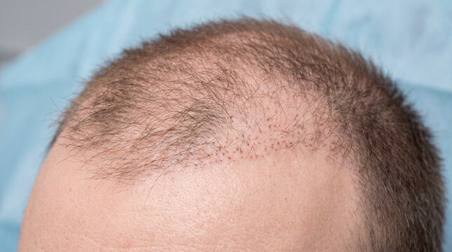 male scalp close up thinning hair, hair follicles detail macro. hair density variation scalp, hair loss diagnostic closeup