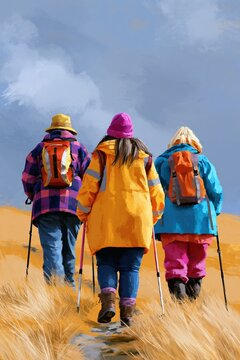 Friends supporting plus - size companion during hill walk outdoors