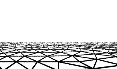 Naklejka premium Cracked ground with horizon, retro dotwork wireframe triangulated mesh plane in perspective on transparent background