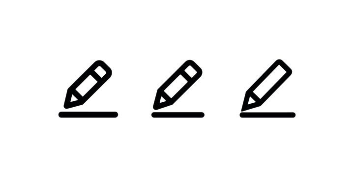 Set of pencil writing icons for content creation and edit mode interface representing copywriting or blogging activities in clean minimal linear style.