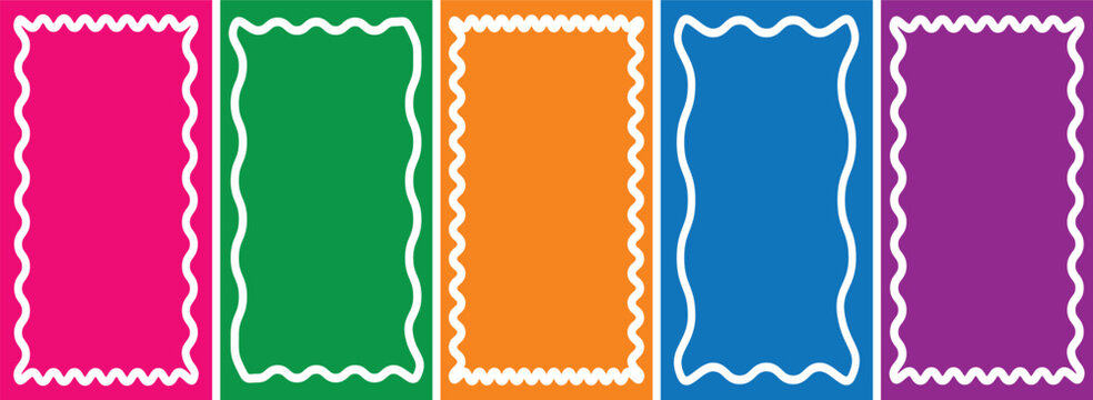 Colorful rectangular labels with wavy white borders in pink green orange blue and purple hues for decoration and design  colorful sticker set
