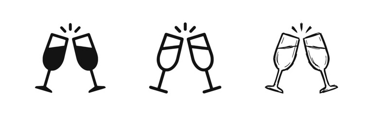 Champagne Glasses Toast Celebration Icons in Solid Outline and Hand Drawn Styles © drawing lines