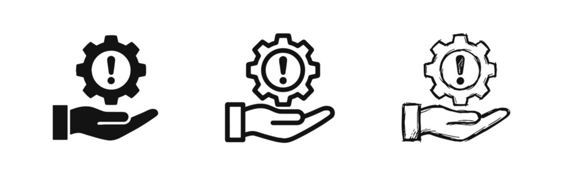 Technical Support and System Error Warning Icons with Hand Gear and Exclamation Mark