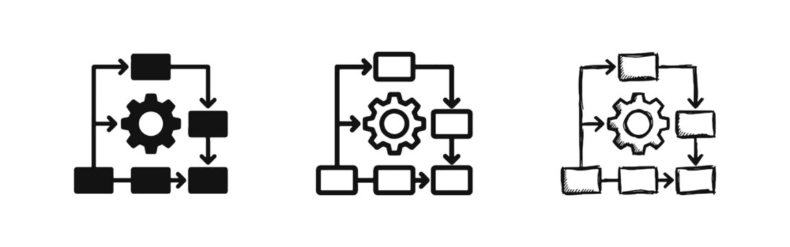 Business Workflow and Process Management Icons with Gear and Flowchart Elements