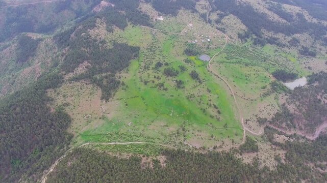 Aerial view of deforestation scars across dense forest and meadow clearing landscape. Overhead perspective shows cutover timber zone, patchwork grass fields, exposed soil, habitat loss.