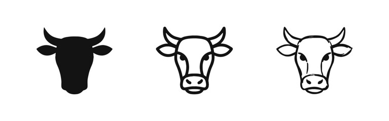 Naklejka premium Cow head icon set. Bovine animal symbol in silhouette, outline, and doodle styles.