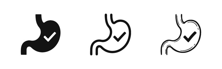 Healthy stomach icon set. Digestive system health, gut wellness, and medical checkup symbols. © drawing lines