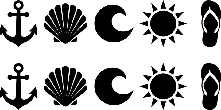 Black silhouette of anchor seashell crescent moon sun and flip flop arranged in two rows