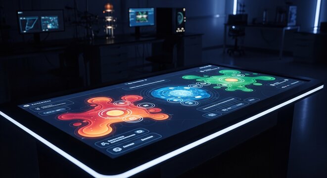Futuristic interactive touch table displays glowing organic interfaces in a modern, dimly lit environmental laboratory setting.