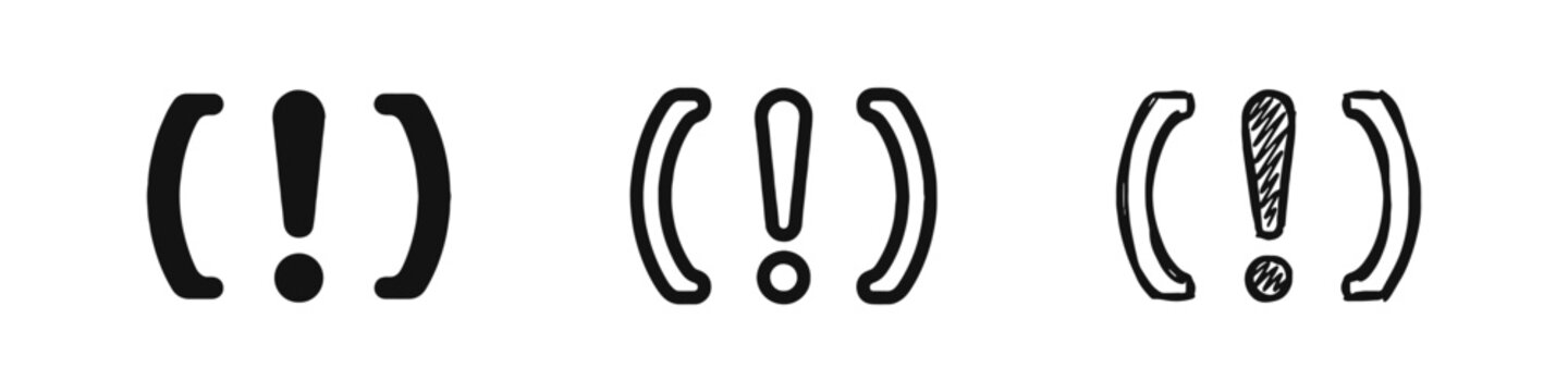 Exclamation mark in brackets icon set. Warning, alert, and attention punctuation symbols.