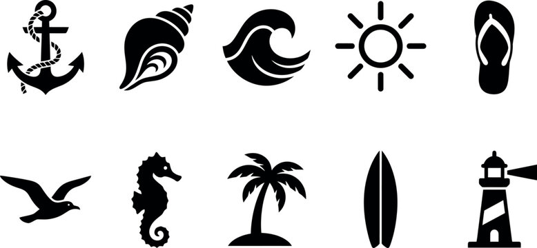 Black silhouette of nautical and beach on white background anchor rope seashell conch wave