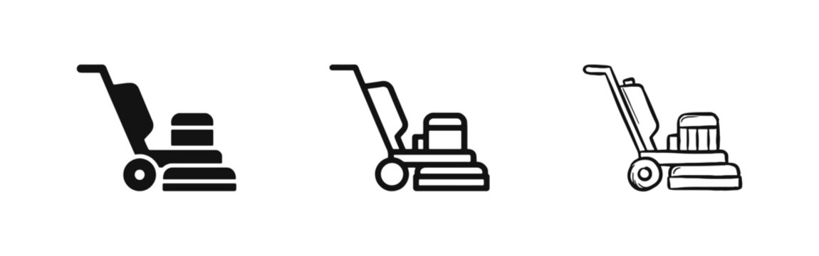 Floor scrubber polisher machine icon set. Industrial cleaning and maintenance equipment symbols.