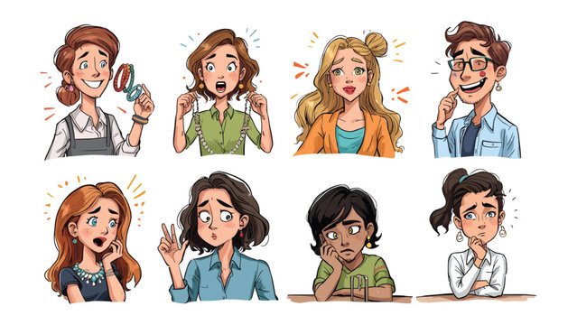 Emotions Across the Spectrum: A collection of diverse women, each portrait expressing a unique state of mind through their distinct facial expressions and gestures.
