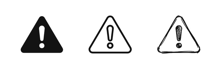 Warning triangle icon set. Caution, hazard, and attention alert symbols. © drawing lines