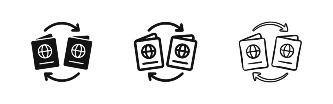Passport exchange or travel document renewal icons for tourism and migration