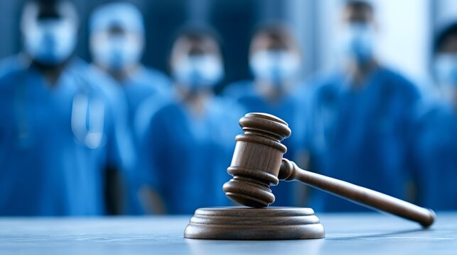 Gavel resting on a table in the foreground with a blurred group of medical professionals wearing scrubs and face masks standing in the background, symbolizing legal action in the healthcare system