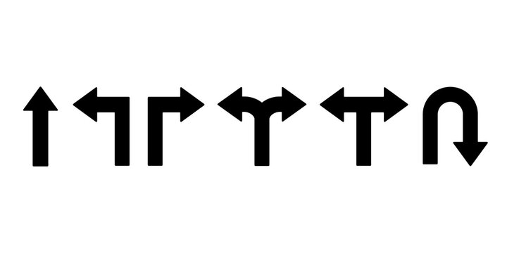 Arrows icon symbol set, multi traffic sign, double option way, fork path sign, turn left and right &ndash; vector
