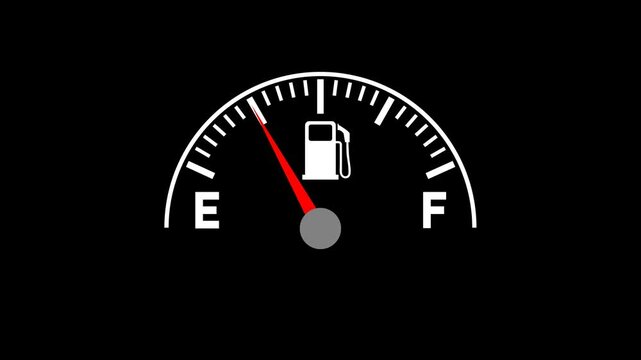 Animated car dashboard fuel gauge with a red needle moving from full to empty against a dark black background for automotive video projects.

