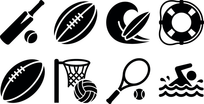 Collection of black sports and water activity on white background cricket rugby football